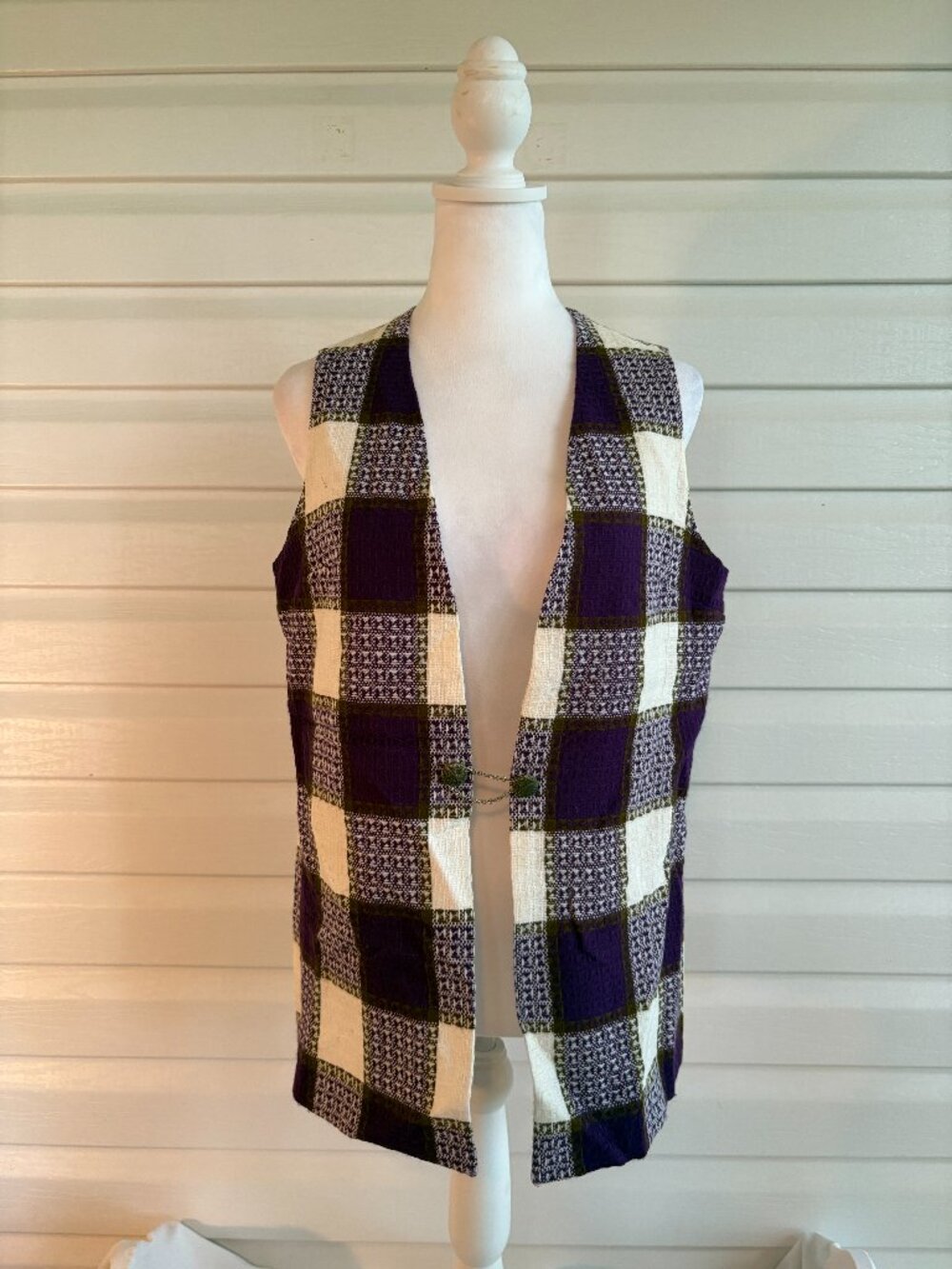 Vtg Mod Women's Tunic Length Lined Vest Purple Plaid see measurement for size